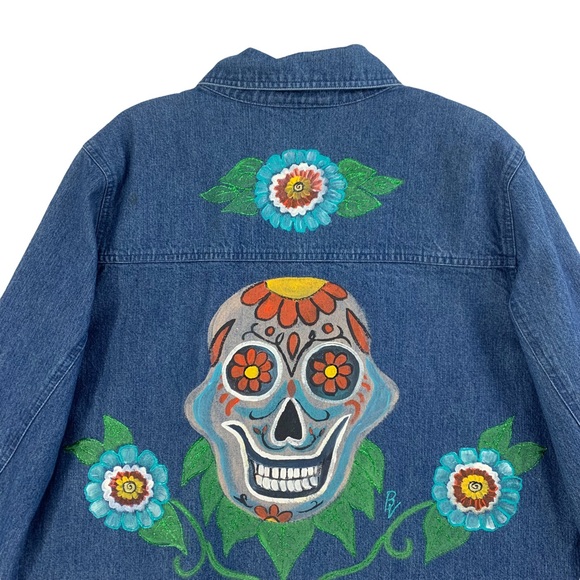 Hand Painted Blue Denim Jeans Jacket with Sugar Skull and Floral Motif - Picture 2 of 15
